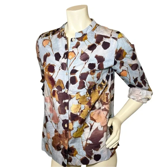 POETRY Linen Cotton Print Long Sleeve Button Down Mandarin Collar Blouse Size 4 - Picture 5 of 10